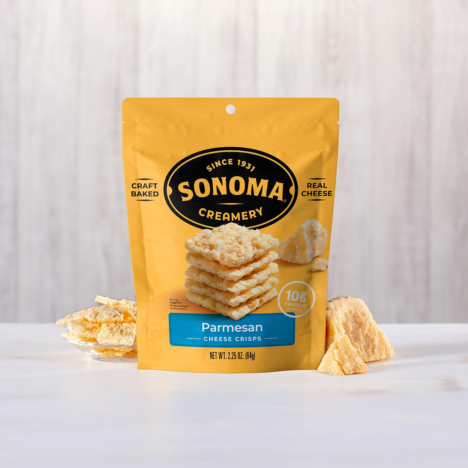 Packaging for Sonoma Creamery Parmesan Crisps highlights flavor