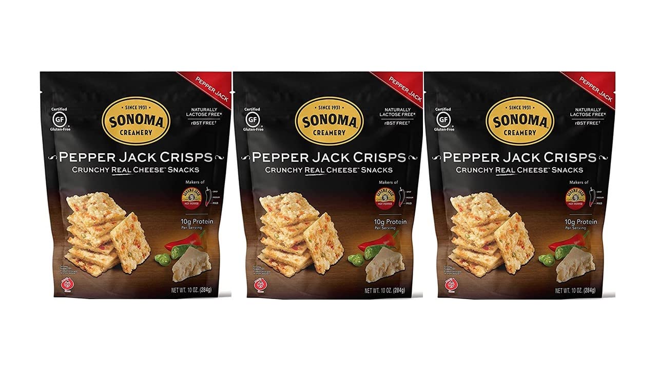 Sonoma Creamery Pepper Jack Cheese Crisps pack for on-the-go snacking.