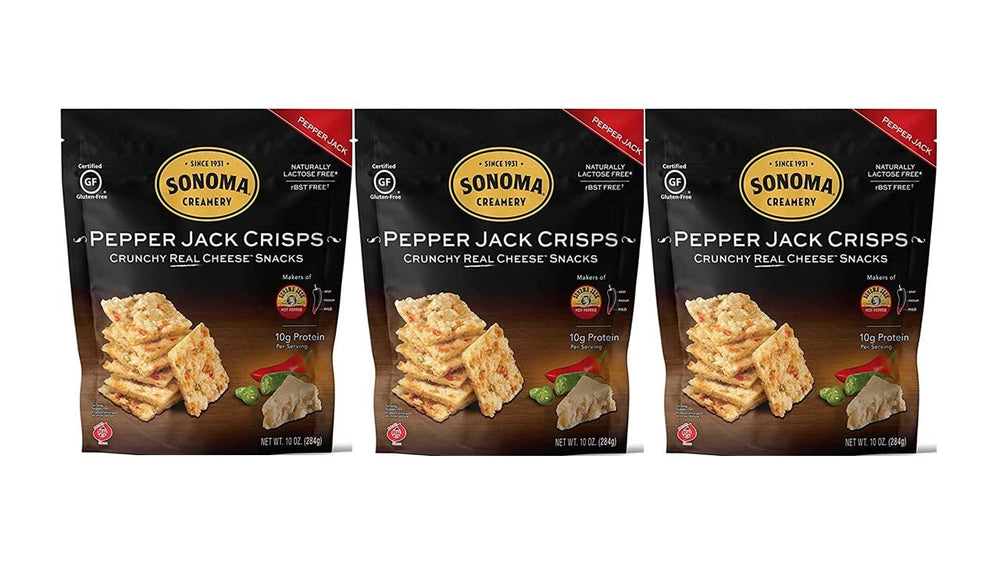 Sonoma Creamery Pepper Jack Cheese Crisps pack for on-the-go snacking.