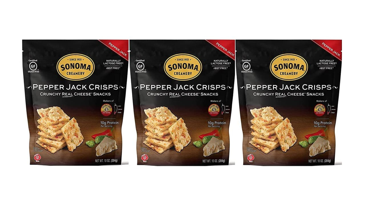 Sonoma Creamery Pepper Jack Cheese Crisps pack for on-the-go snacking.