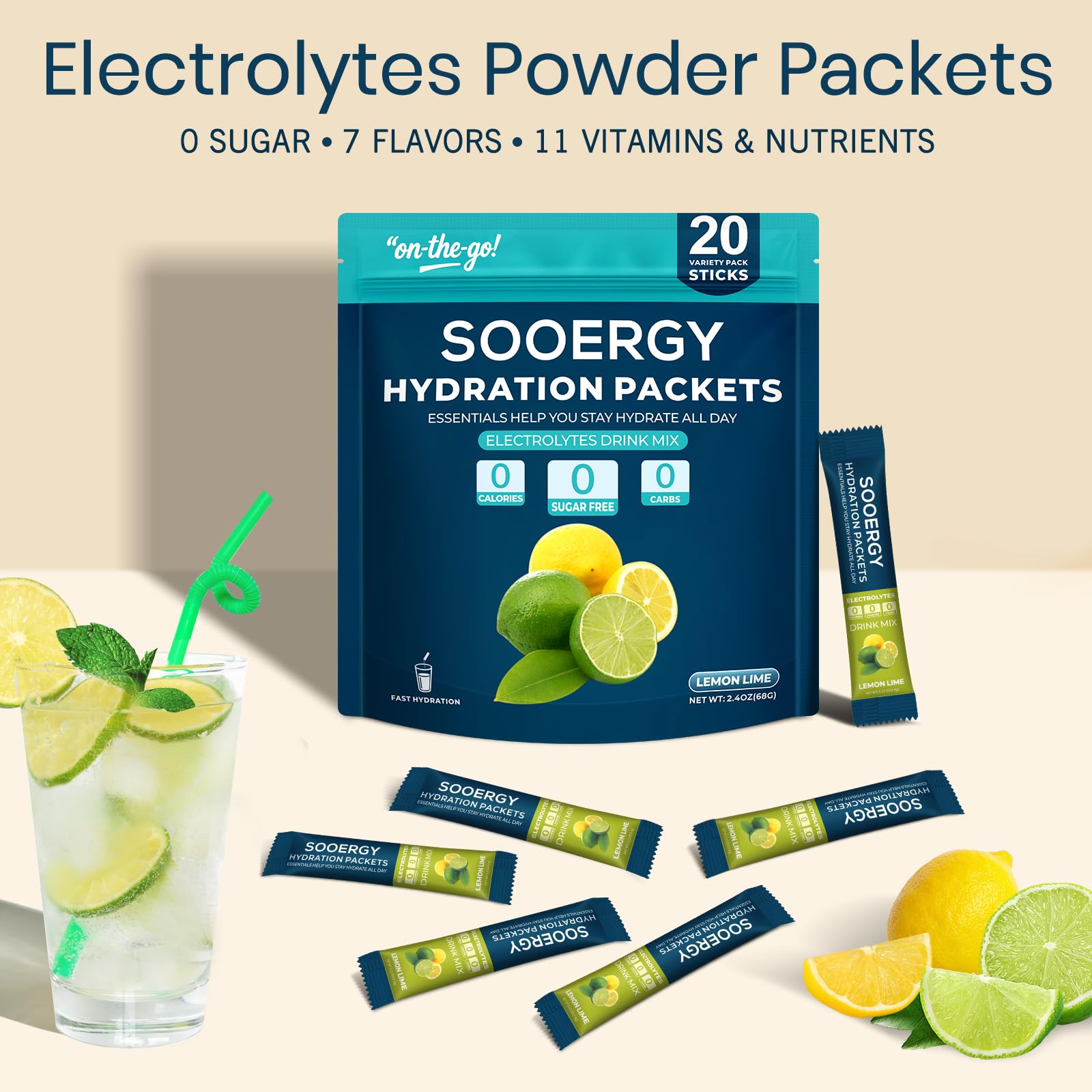 Sooergy electrolyte packet dissolving in water with vibrant lemon lime flavor