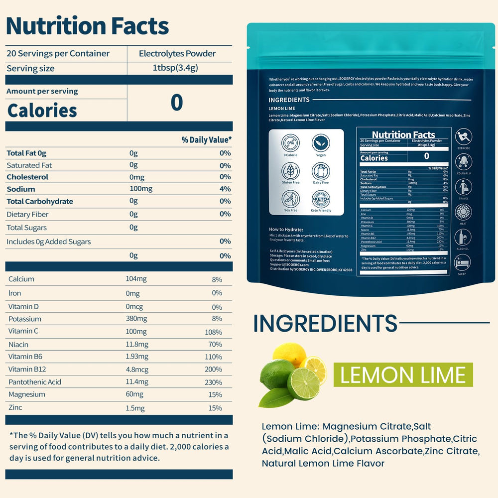 Sooergy lemon lime packet opened and ready to mix in water