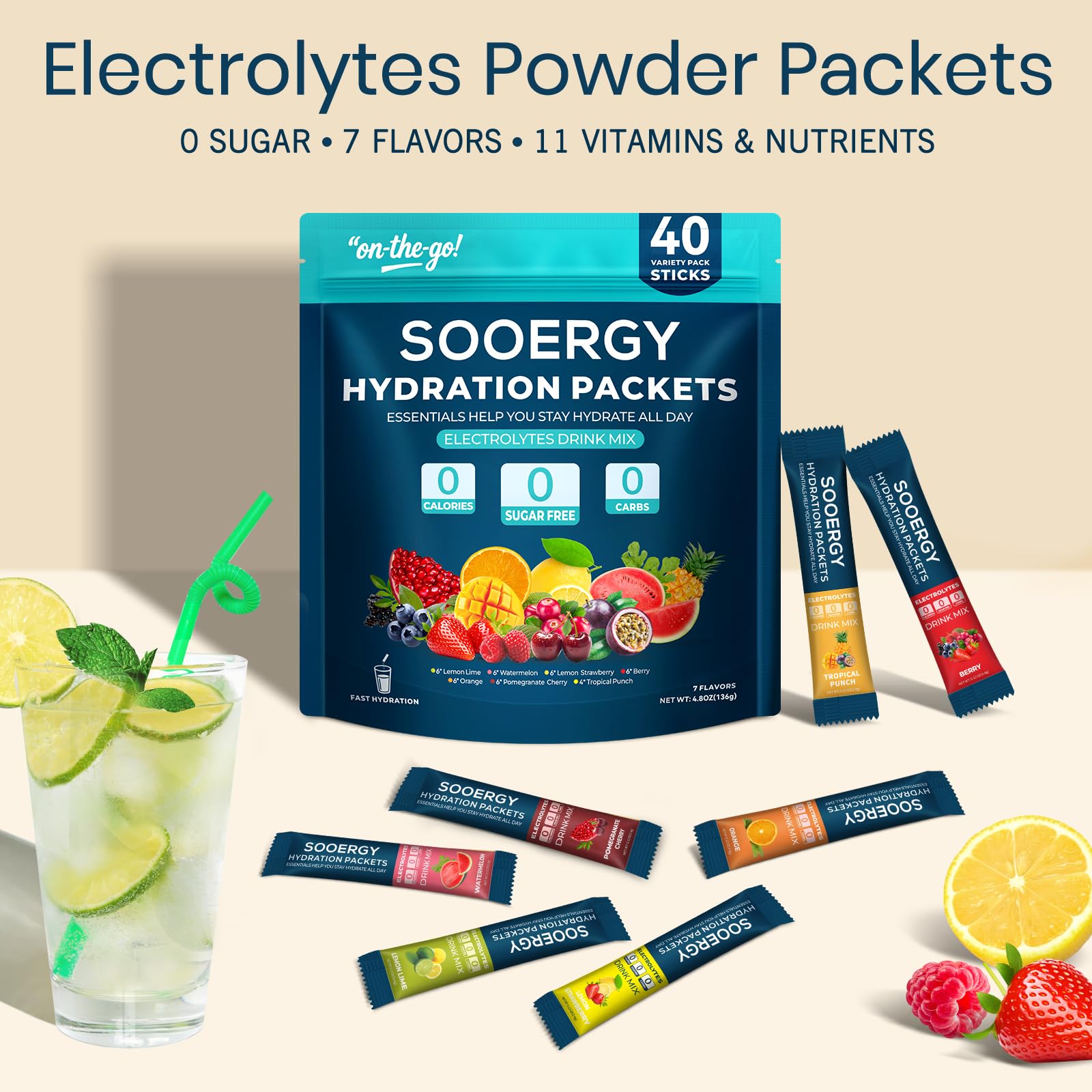 Sooergy mix-berry electrolyte packet supports fluid balance during travel.