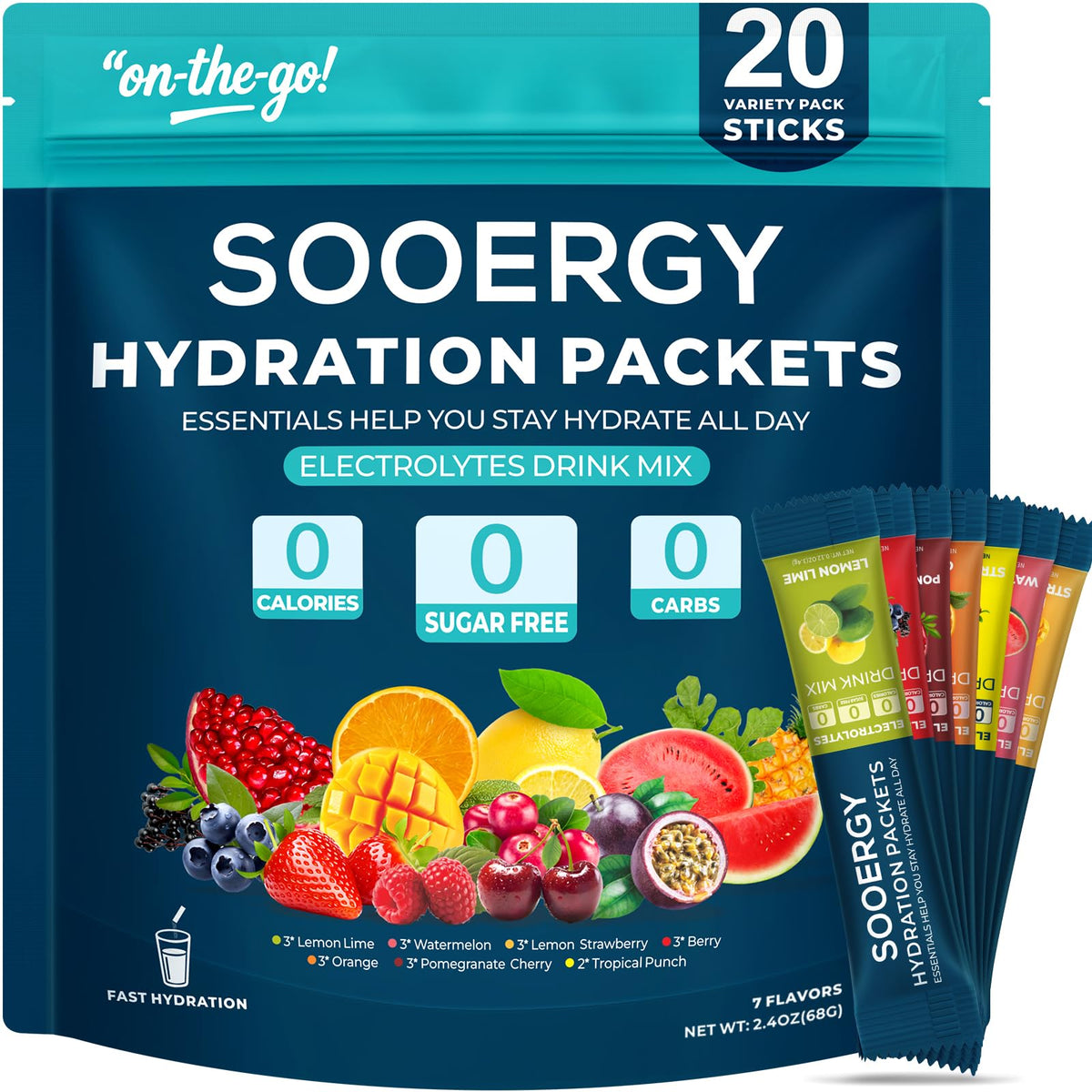 Sooergy electrolytes lemon-lime powder pack for quick hydration after workouts.