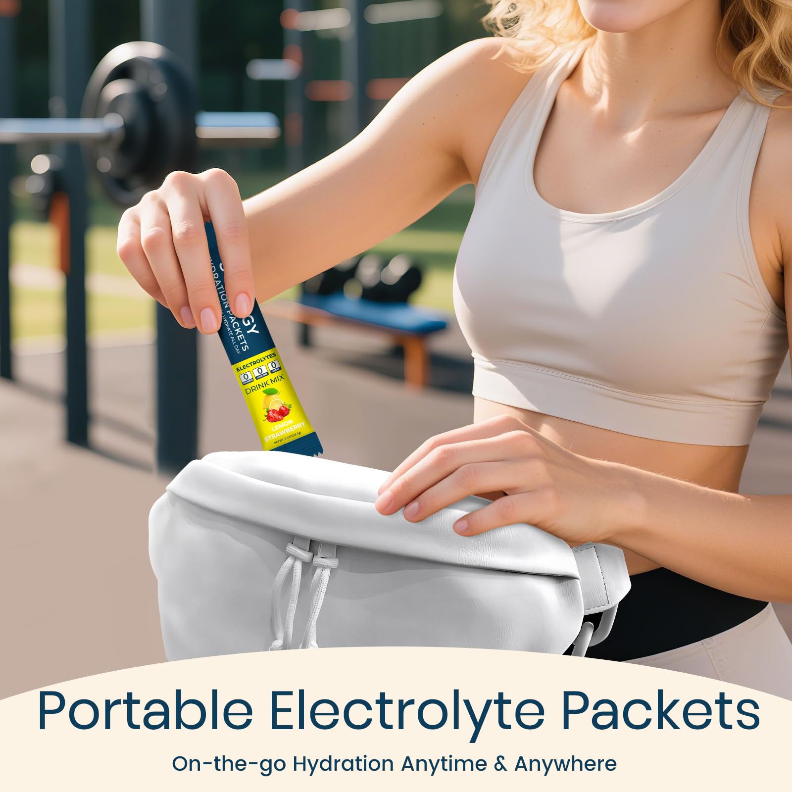 Sooergy electrolyte powder next to a sport bottle for active hydration.