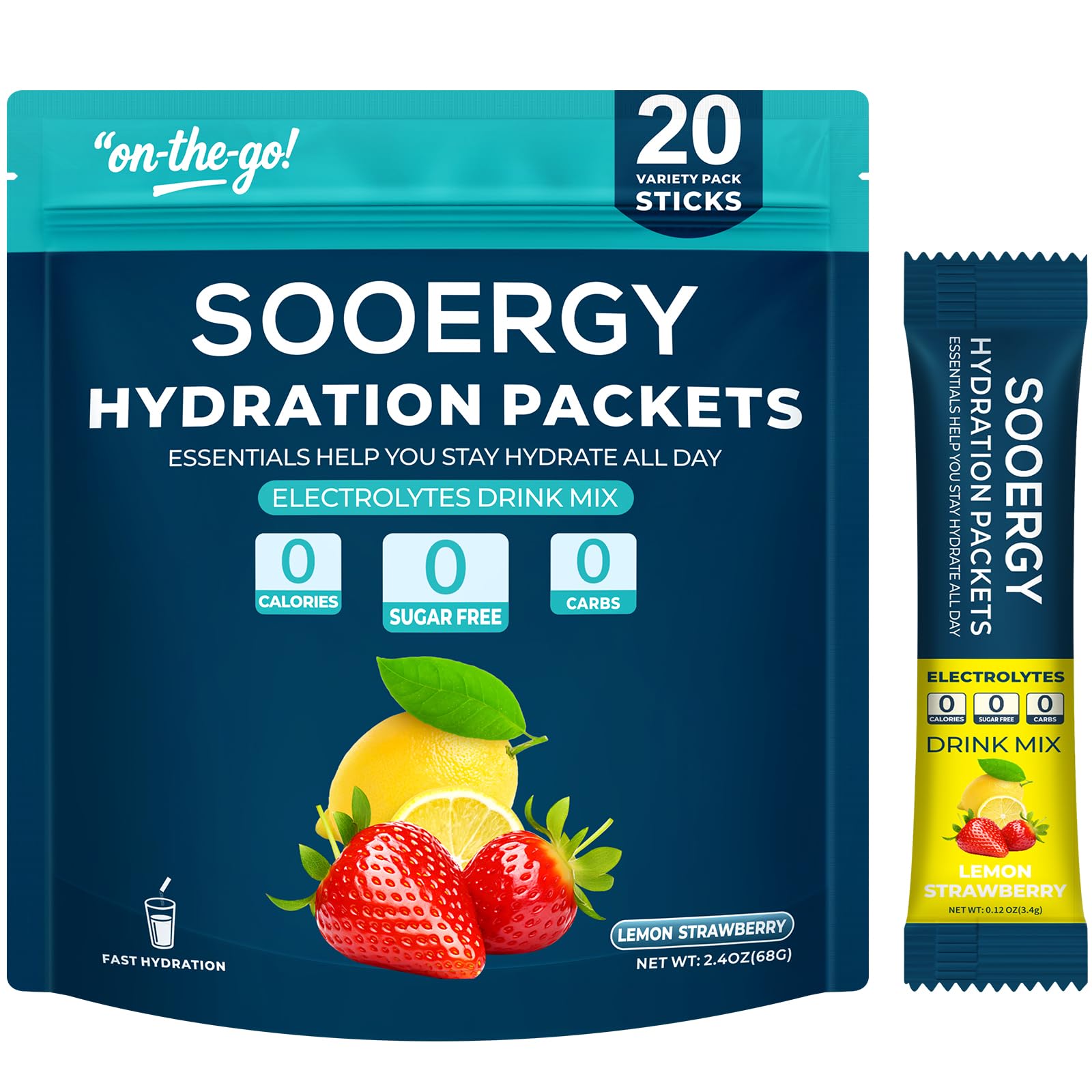 Sooergy electrolytes powder lemon strawberry stick in glass for quick hydration after workouts.