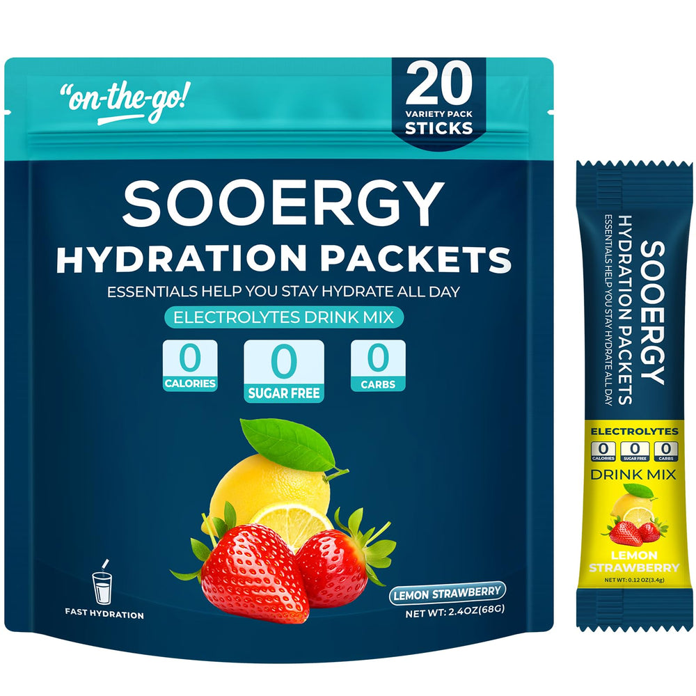 Sooergy electrolytes powder lemon strawberry stick in glass for quick hydration after workouts.