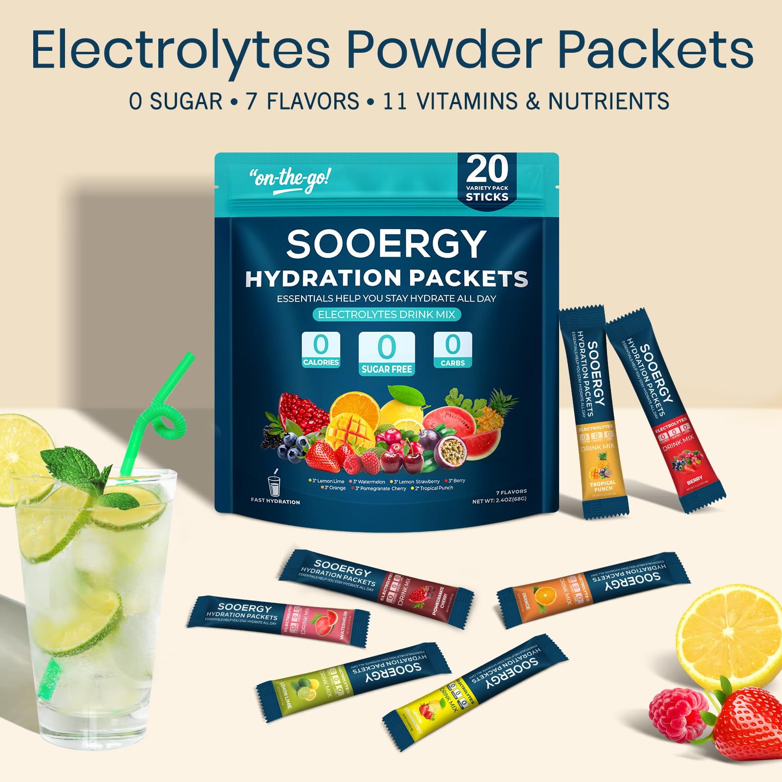 Sooergy lemon-strawberry flavor powder pack boosts everyday refreshment.