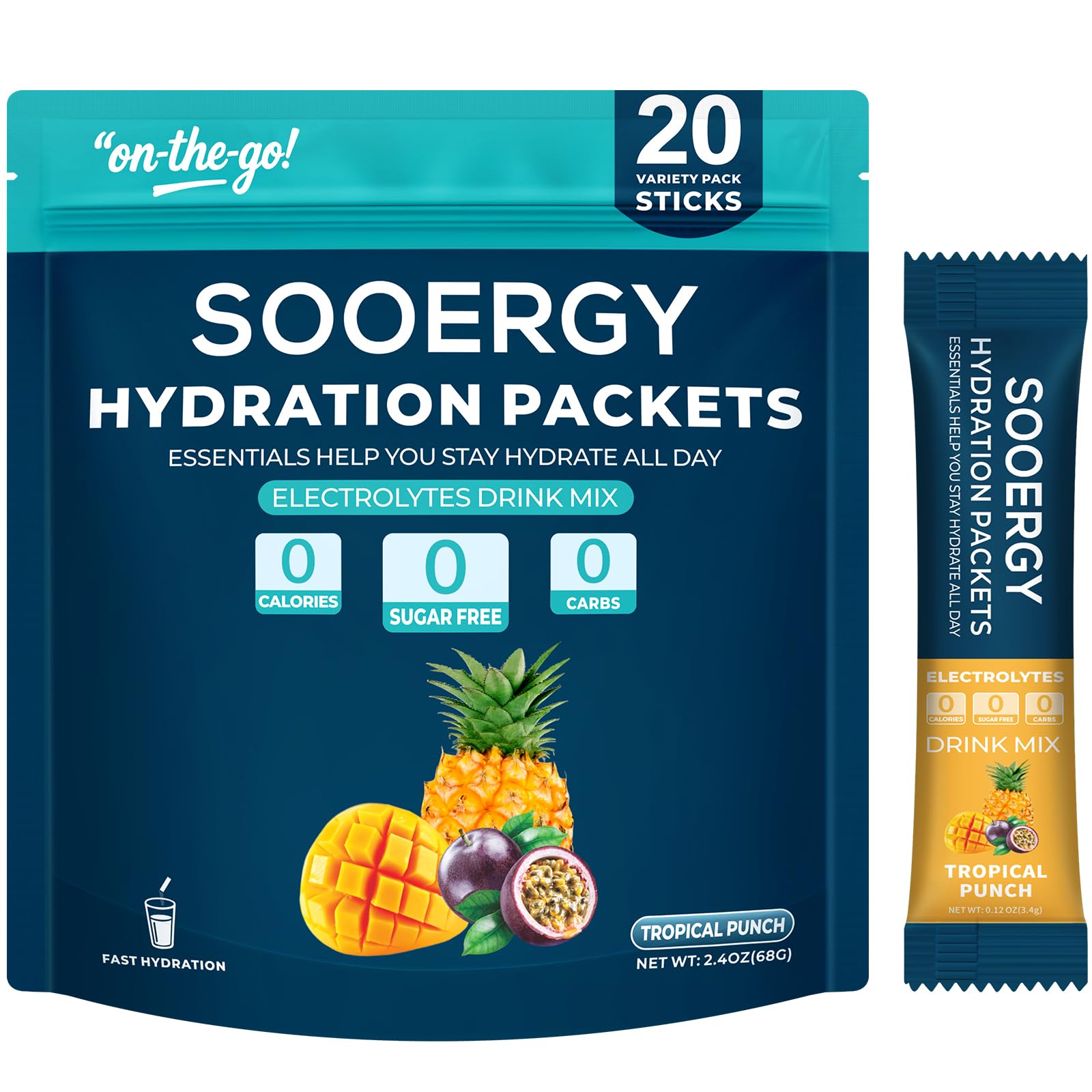 Sooergy electrolytes powder tropical punch sticks ready for quick hydration