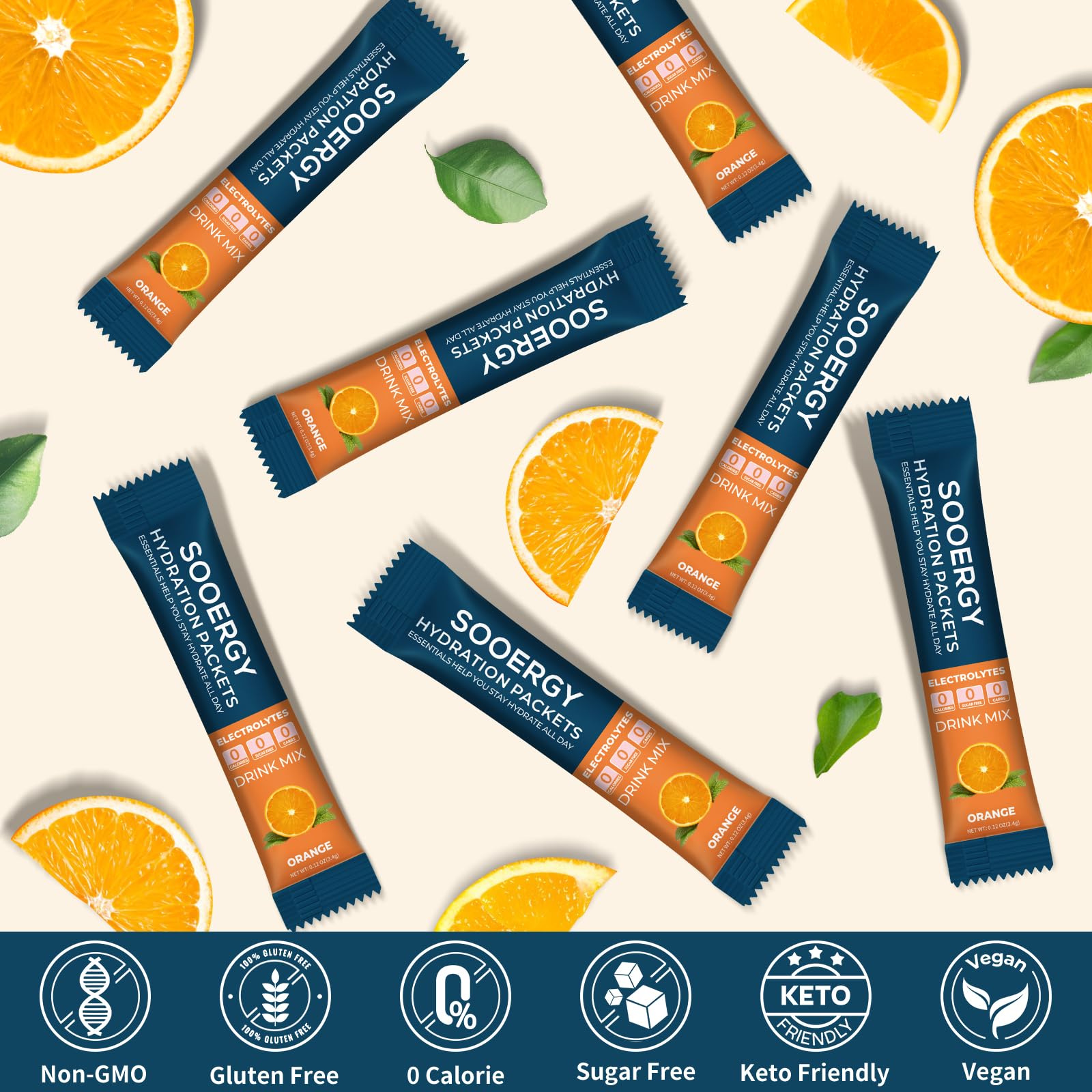 Sooergy fast-dissolve electrolyte packet delivers smooth orange drink.