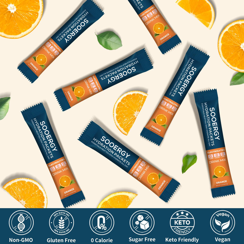 Sooergy fast-dissolve electrolyte packet delivers smooth orange drink.
