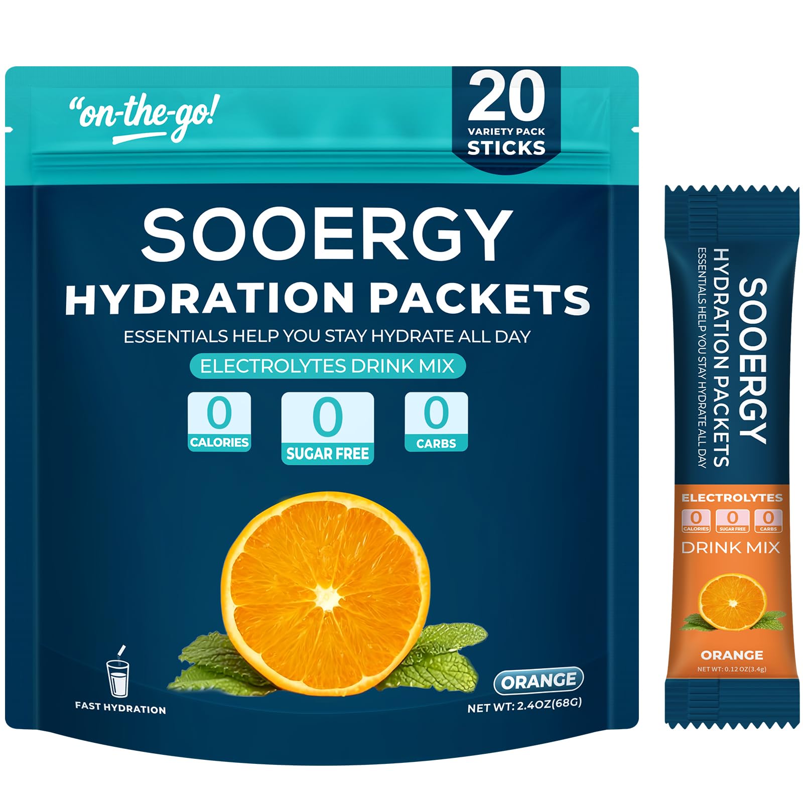 Sooergy orange-flavor electrolyte packet for quick hydration after workouts.