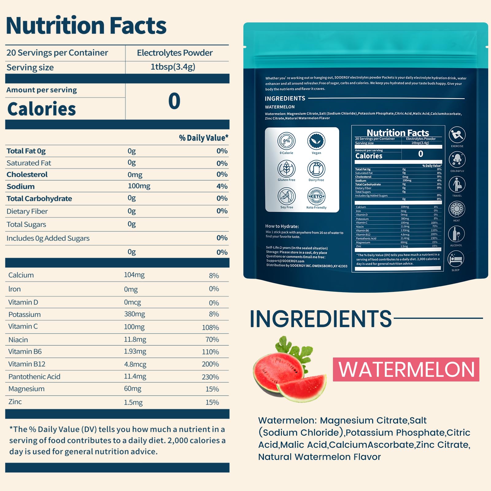 Sooergy electrolytes watermelon packet beside glass for on-the-go hydration