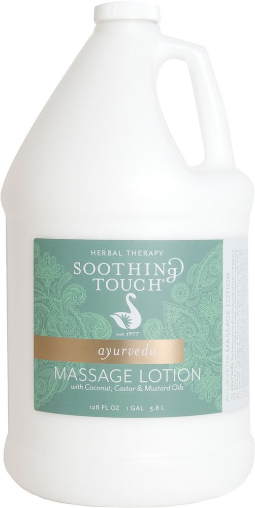 Soothing Touch Ayurveda Massage Lotion bottle provides balanced glide for Swedish and deep-tissue massage