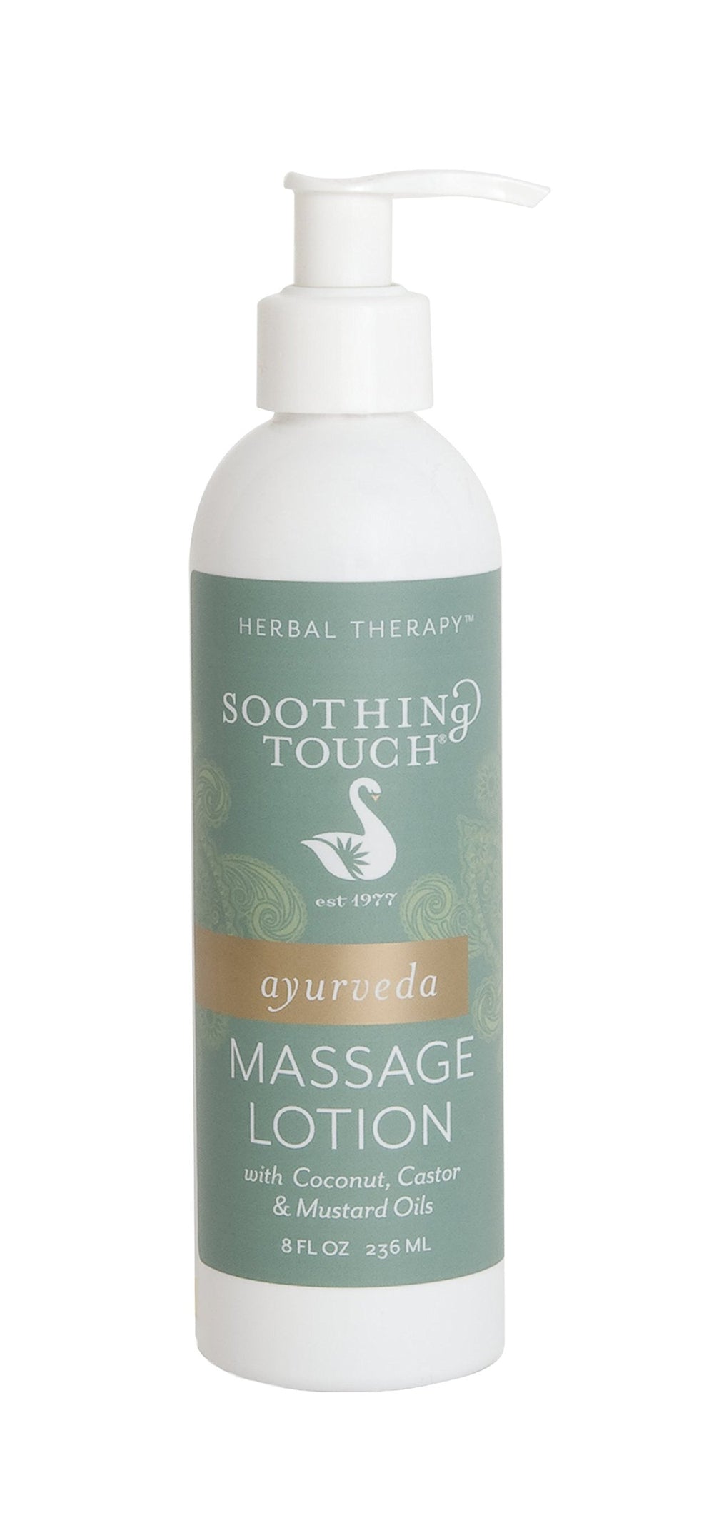 Soothing Touch Ayurveda Massage Lotion unscented bottle offers balanced glide for massage.