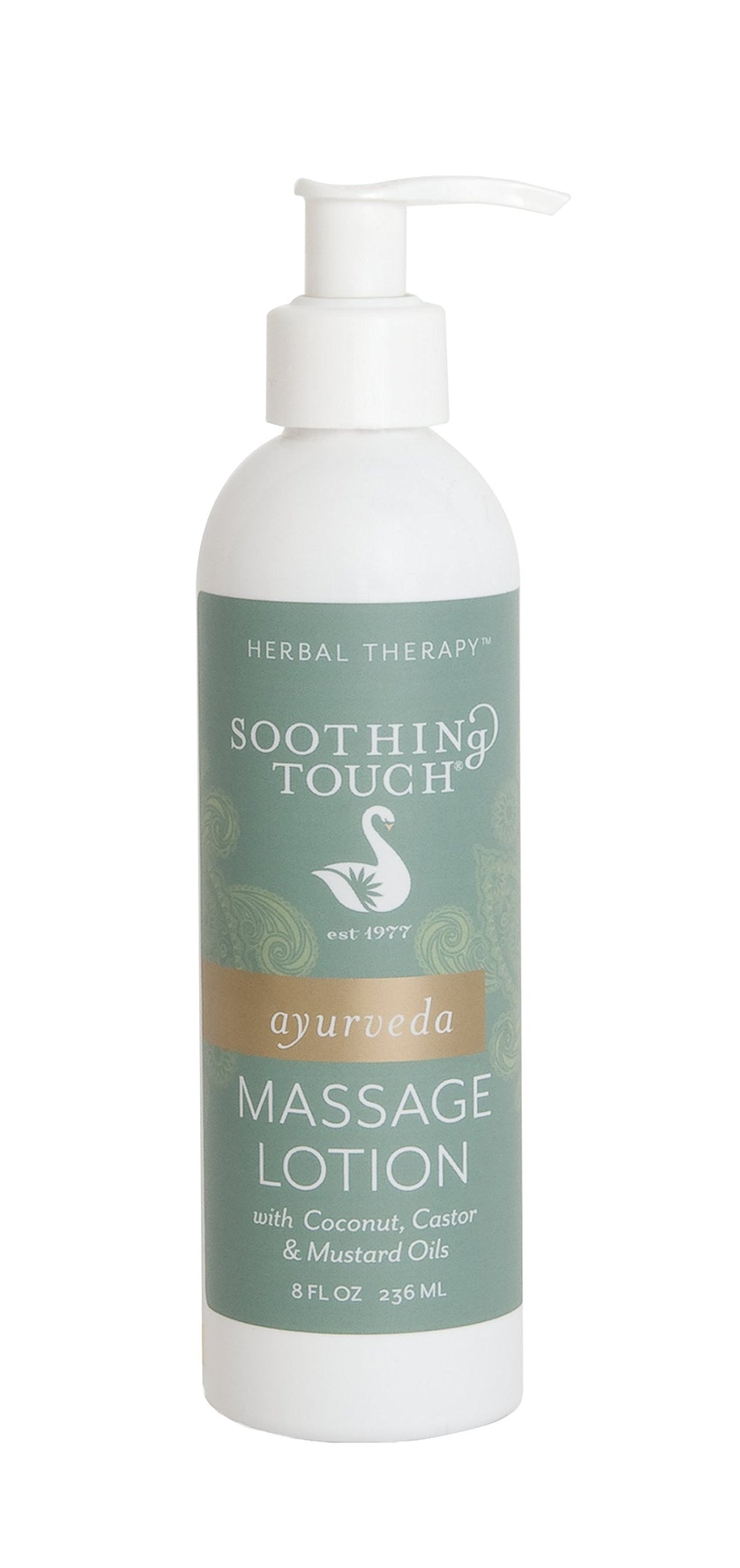Soothing Touch Ayurveda Massage Lotion unscented bottle offers balanced glide for massage.