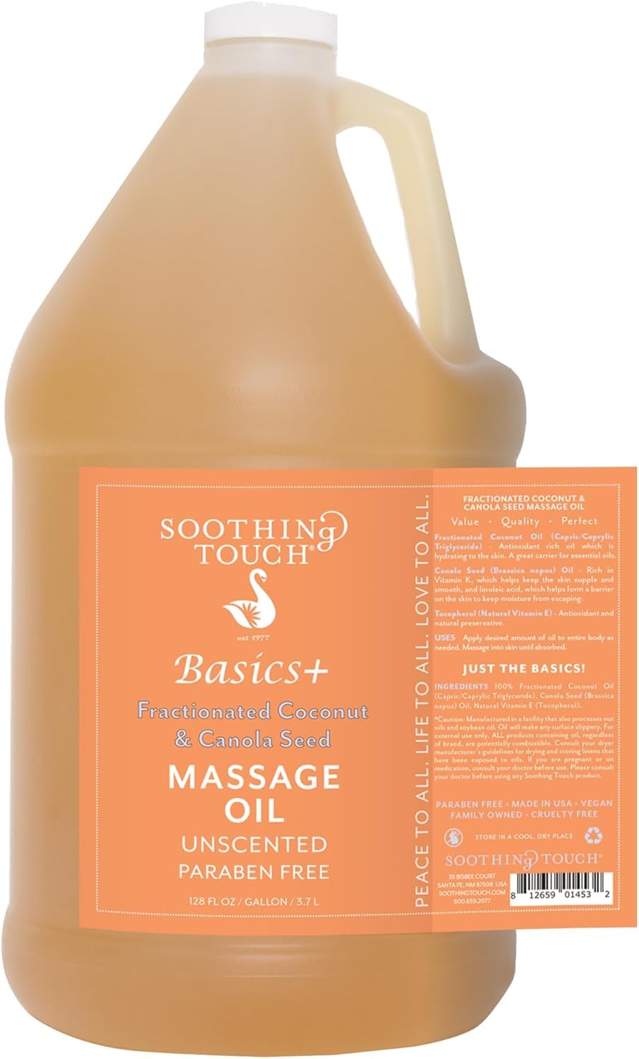 Soothing Touch Basics+ bottle-pour—smooth massage oil for easy glide and skin hydration.