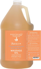 Soothing Touch Basics+ bottle-pour—smooth massage oil for easy glide and skin hydration.