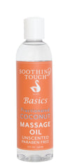 Soothing Touch Basics fractionated coconut massage oil unscented, smooth glide for moisturized skin.