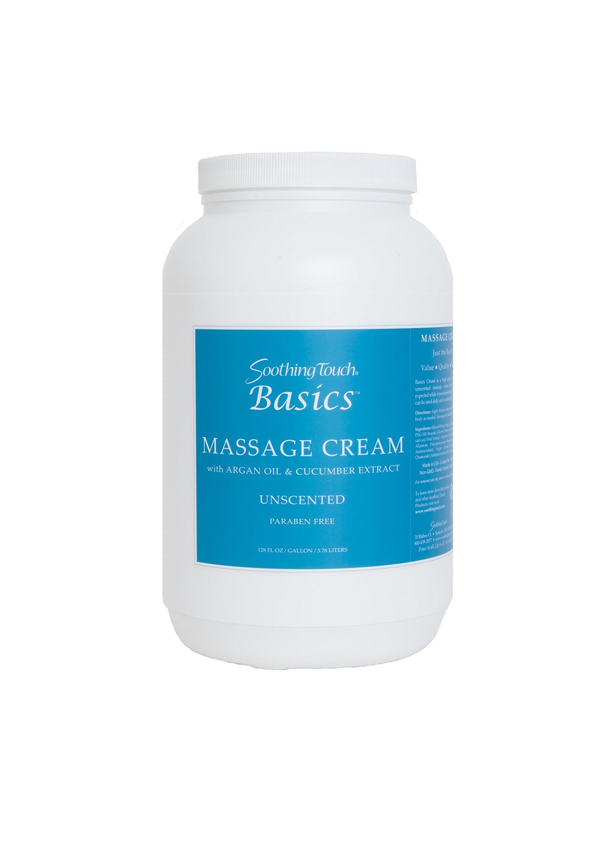 Soothing Touch Basics Massage Cream unscented 1-gallon jar for gentle, long-lasting moisture.