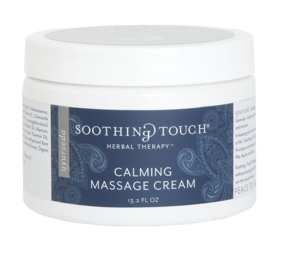 Soothing Touch Calming Massage Cream Lavender bottle shown for massage sessions promoting relaxation