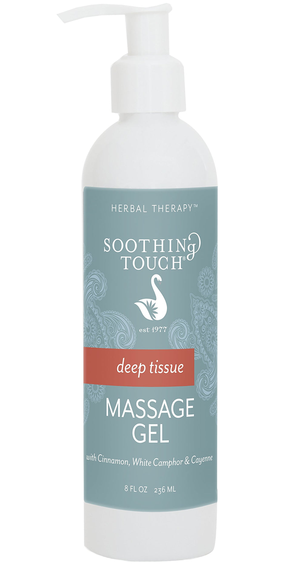 Soothing Touch Deep Tissue Massage Gel bottle shows cayenne and camphor for deep tissue use