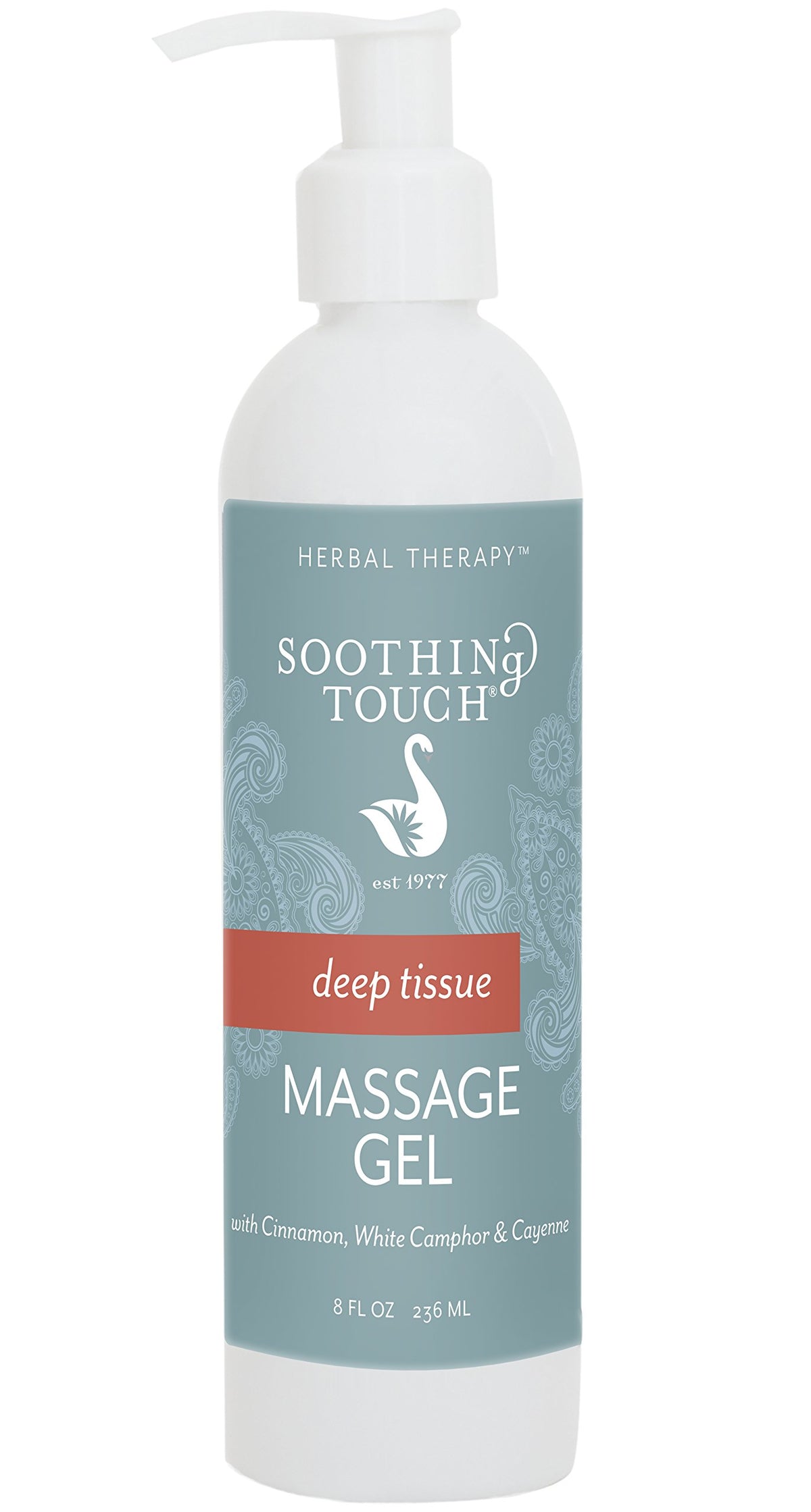 Soothing Touch Deep Tissue Massage Gel bottle shows cayenne and camphor for deep tissue use