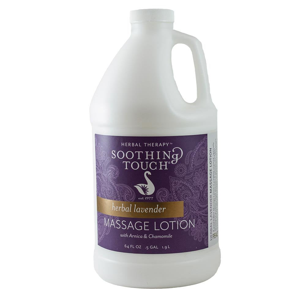 Soothing Touch Herbal Lavender Lotion half-gallon bottle pour for calming massage and deep moisturization