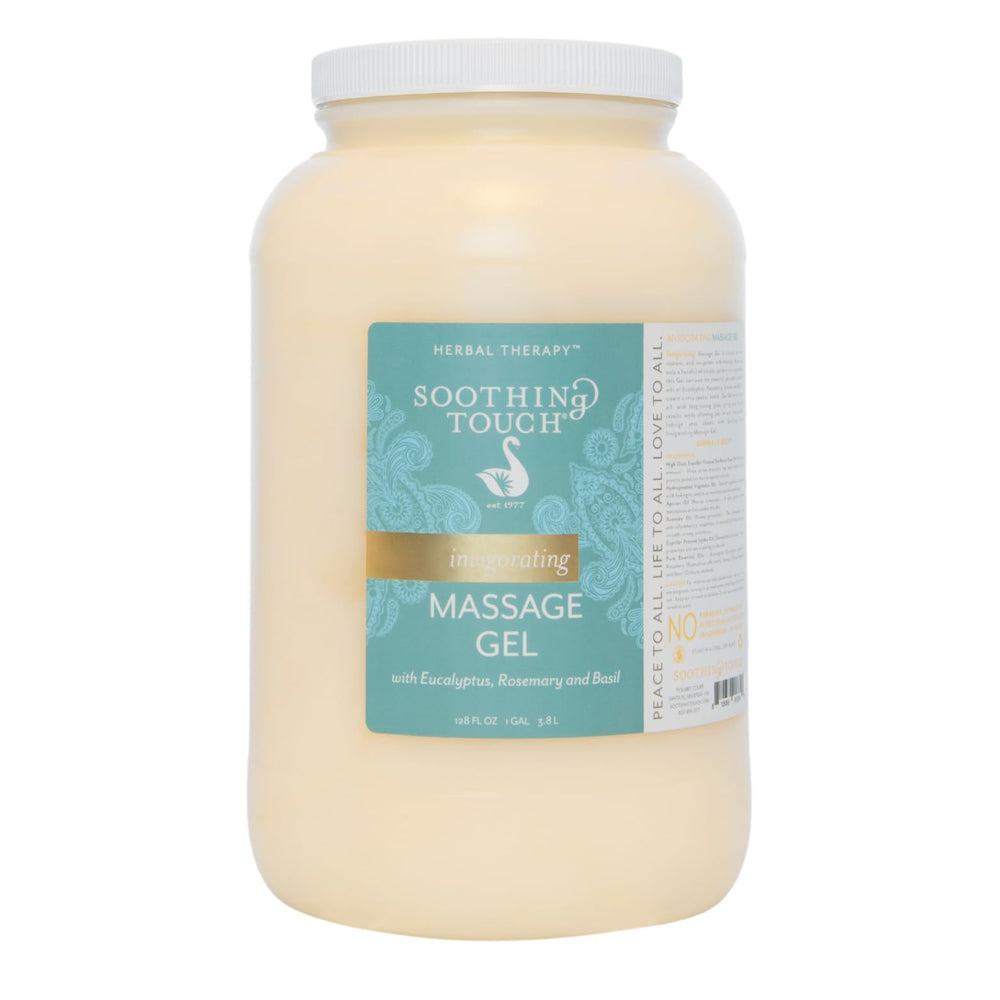 Soothing Touch Invigorating Massage Gel bottle pour enhances long-lasting glide for massage.