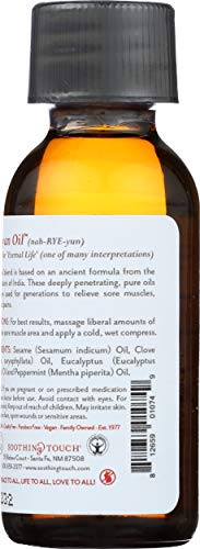 Soothing Touch Narayan Oil packaging showing sesame, mint, eucalyptus, and clove notes.
