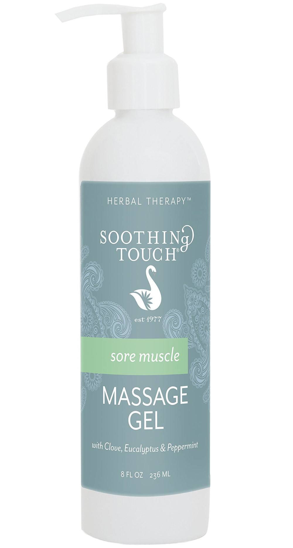 Soothing Touch Sore Muscle Gel jar shows smooth gel texture for long-lasting glide during massage.