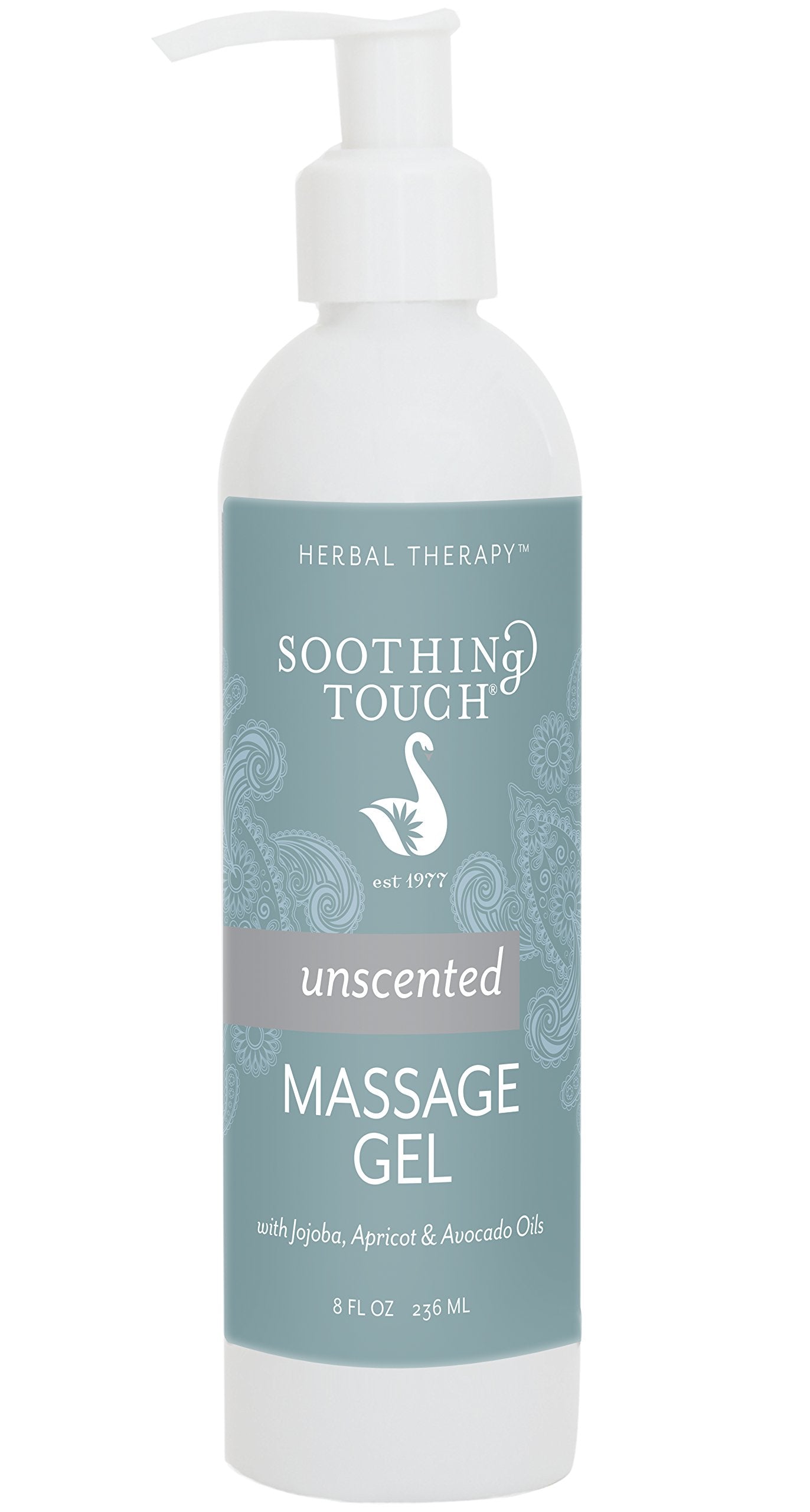 Soothing Touch unscented massage gel bottle with long glide for smooth massages.