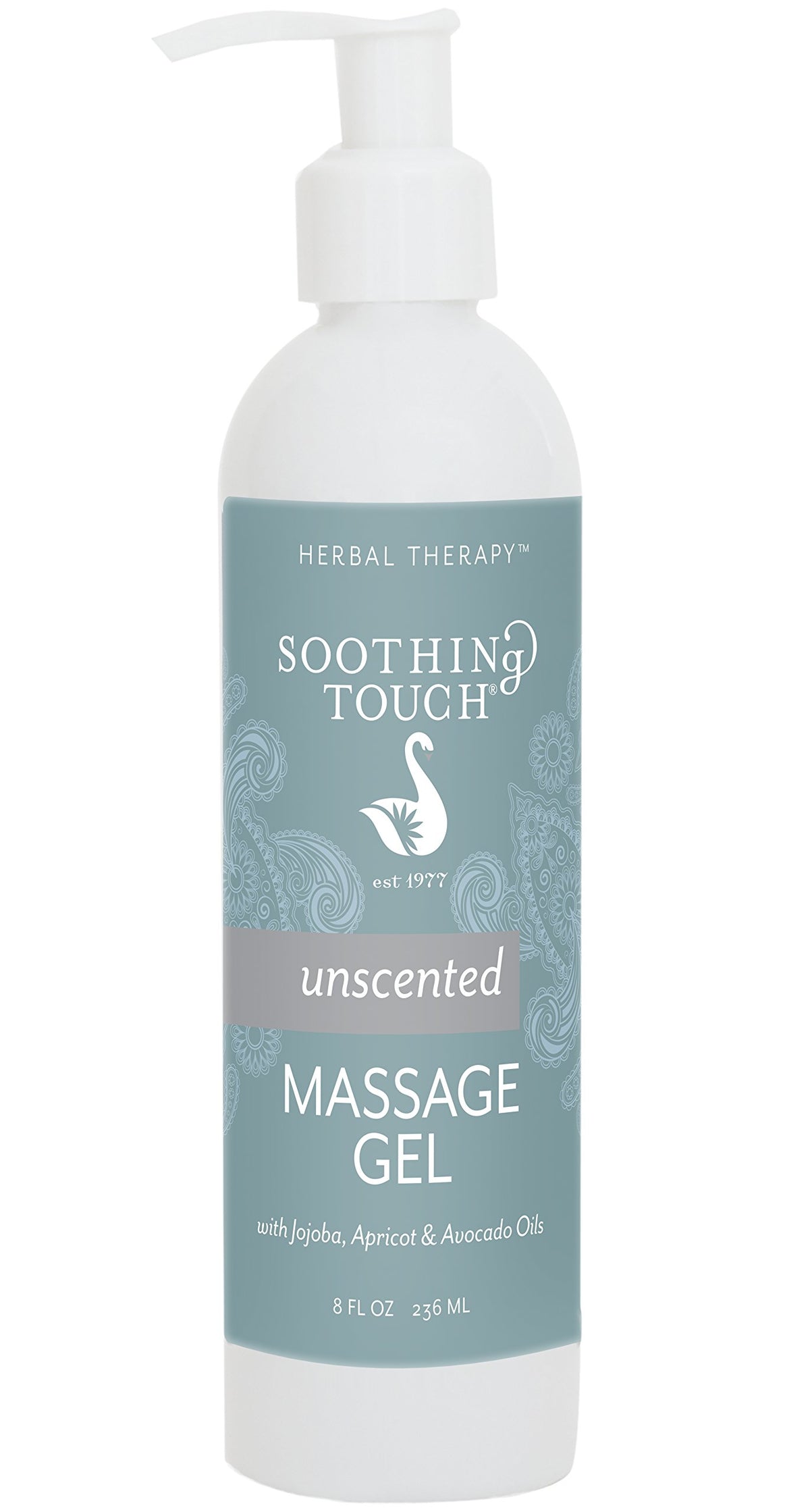 Soothing Touch unscented massage gel bottle with long glide for smooth massages.