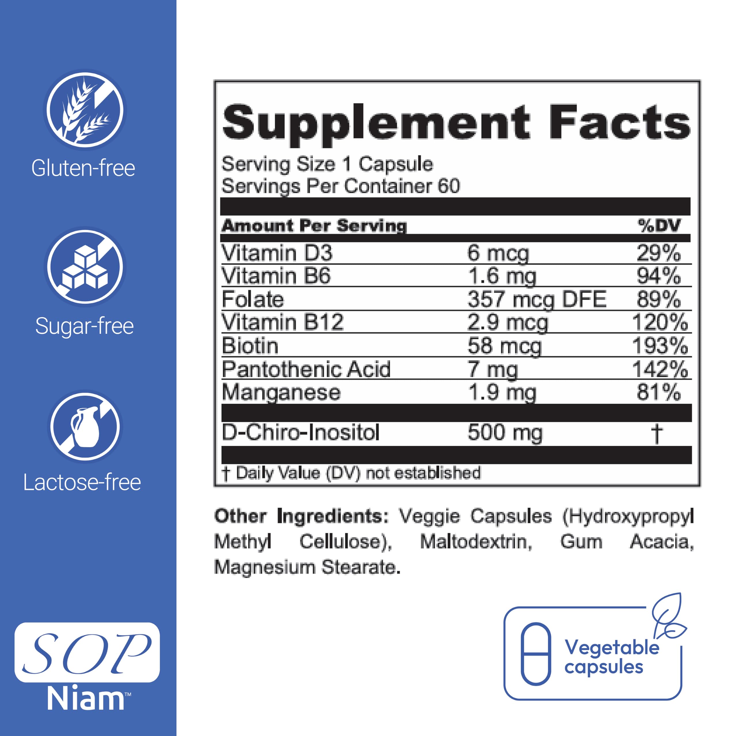 SOP NIAM bottle pour shot illustrating easy daily capsule intake.
