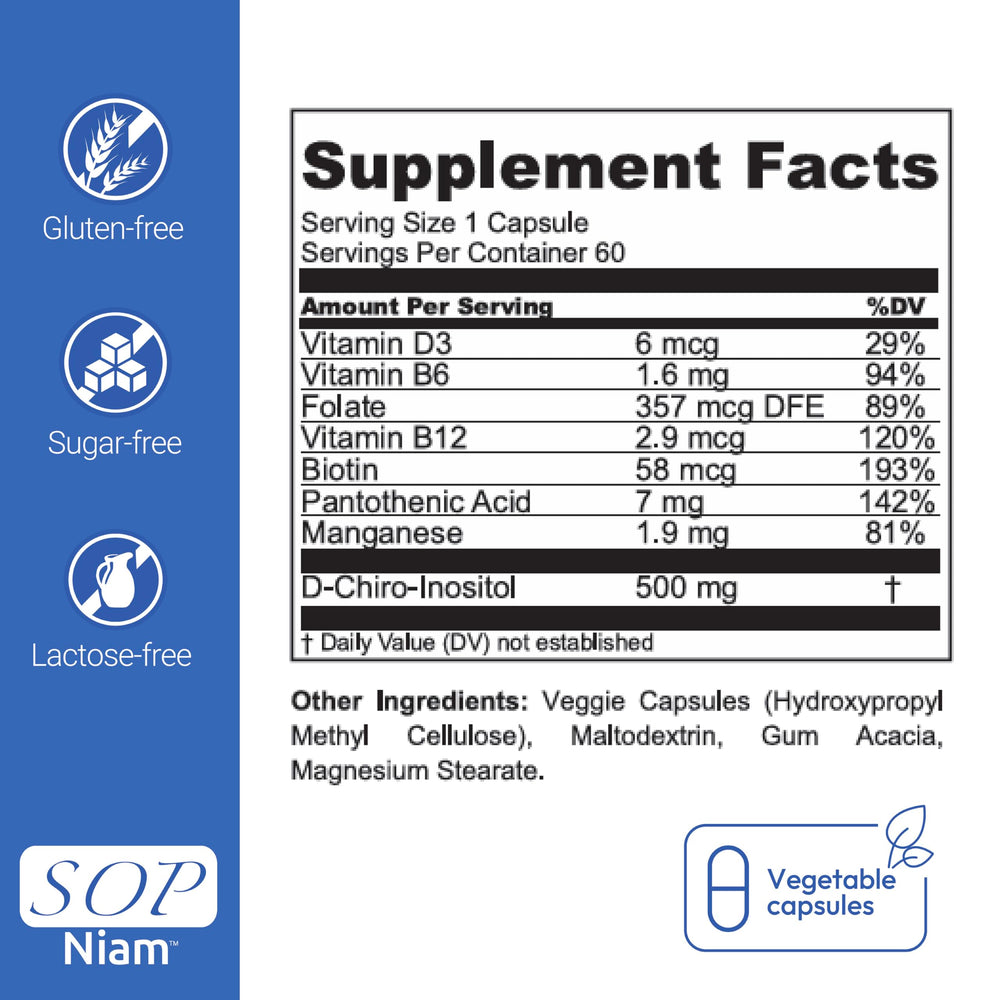 SOP NIAM bottle pour shot illustrating easy daily capsule intake.