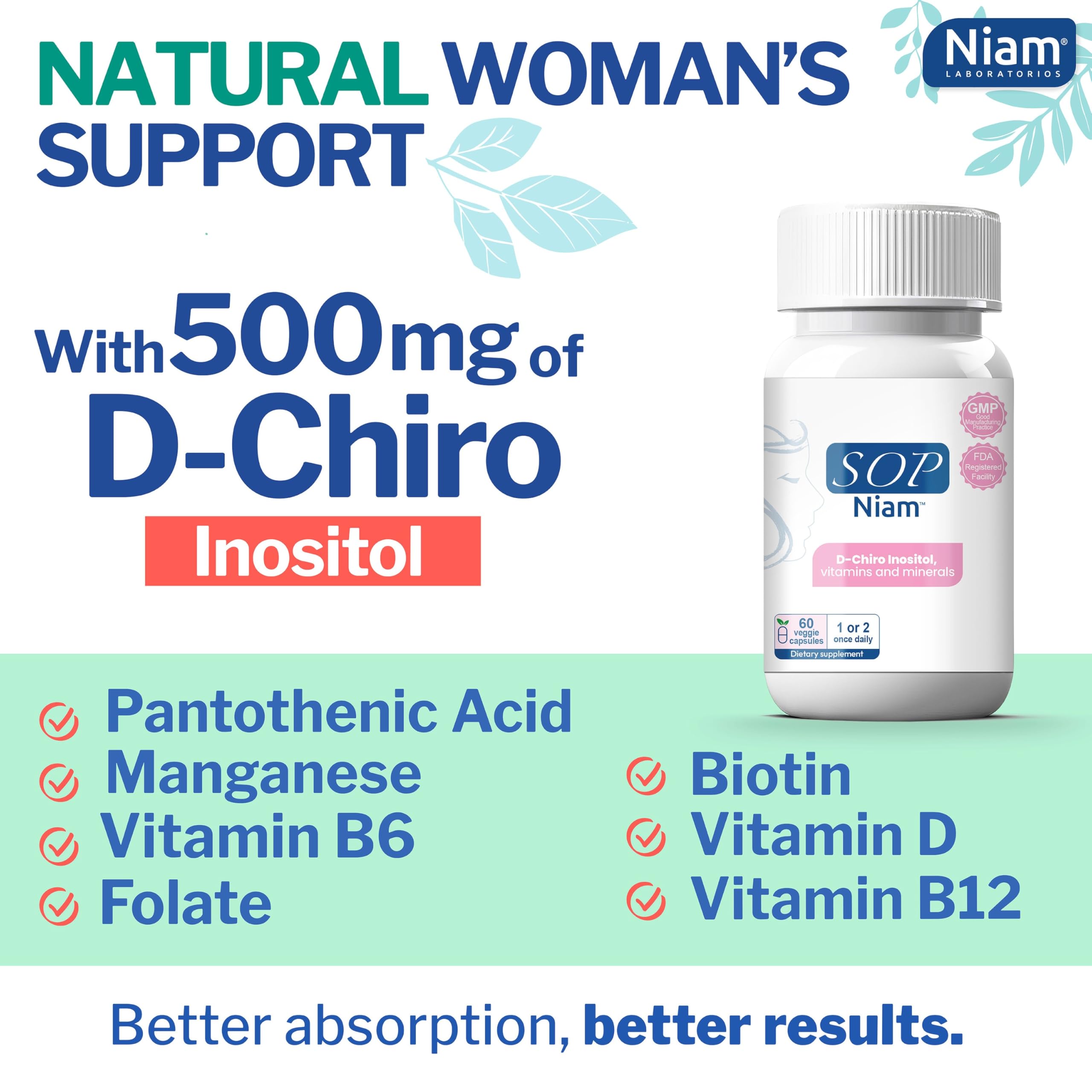 Detail shot of SOP NIAM label showing 500 mg D-Chiro Inositol content.