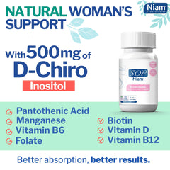 Detail shot of SOP NIAM label showing 500 mg D-Chiro Inositol content.