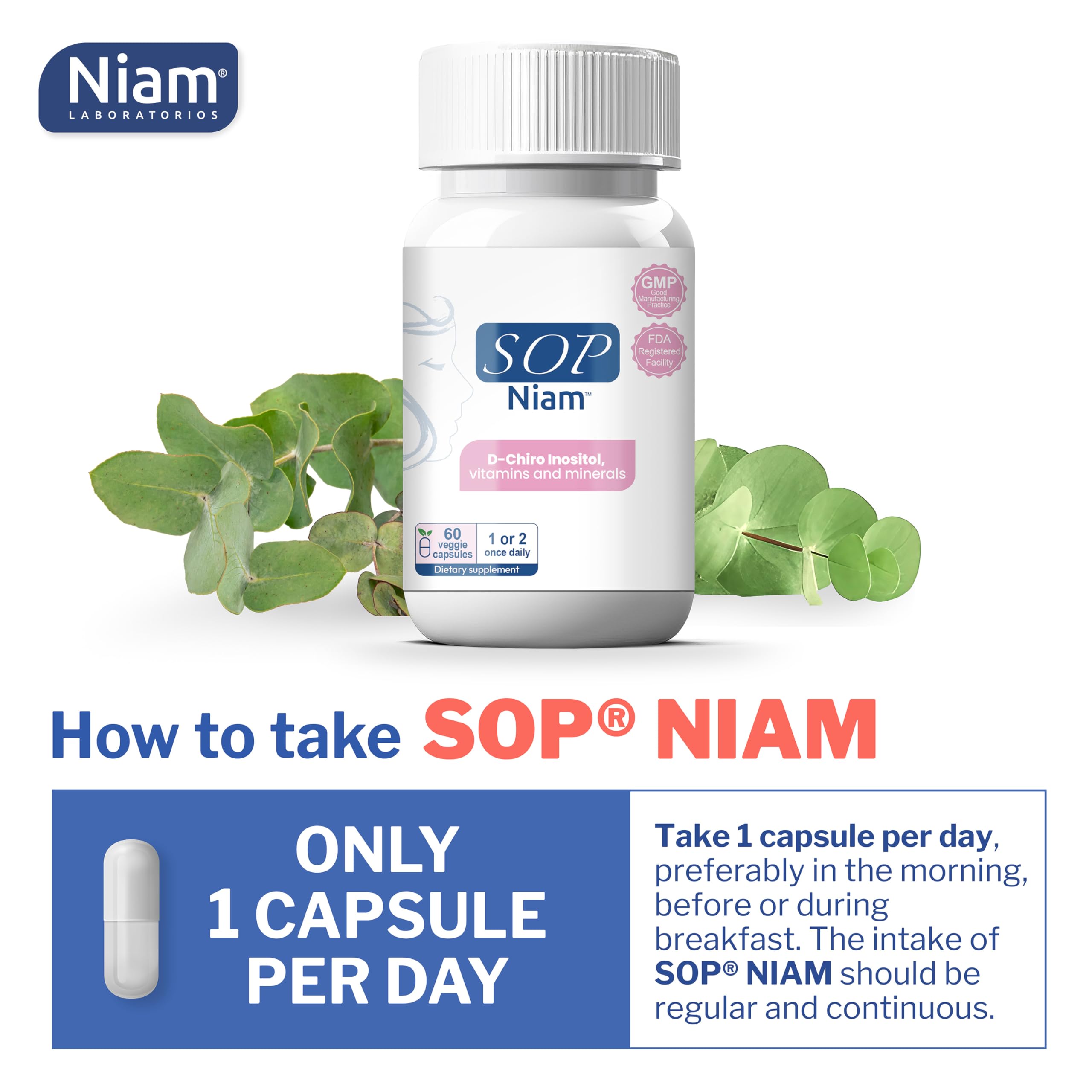 SOP NIAM packaging box displayed beside bottle for premium supplement experience.