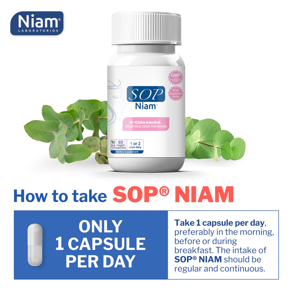 SOP NIAM packaging box displayed beside bottle for premium supplement experience.