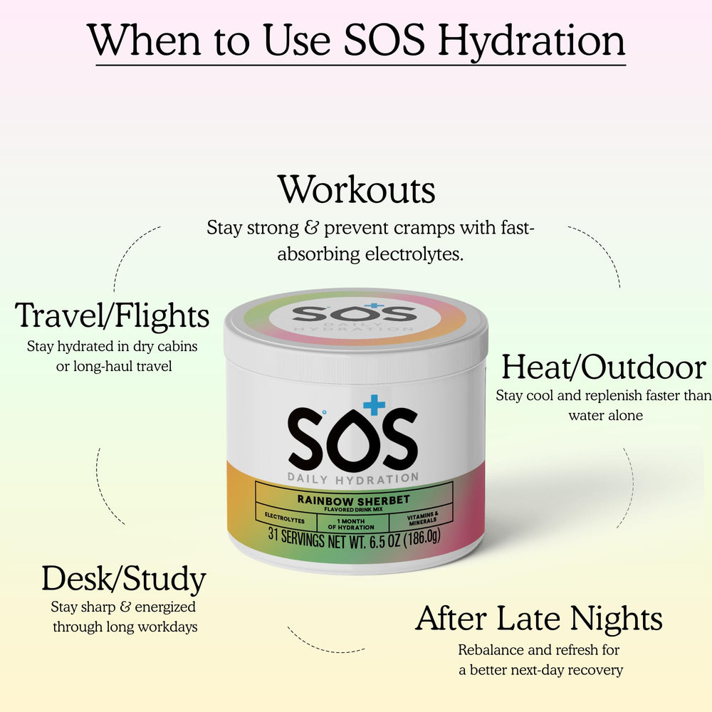 SOS Hydration bottle resting on a travel bag for on-the-go hydration.