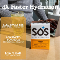 Glass of mango SOS Hydration showing a refreshed, ready-to-drink electrolyte mix.