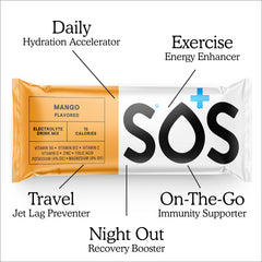 Mango powder dissolving in water for fast, low-sugar hydration with SOS.