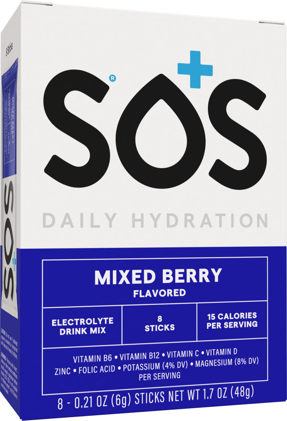 Sos Hydration mixed-berry powder dissolving in water for a refreshing sip.