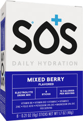 Sos Hydration mixed-berry powder dissolving in water for a refreshing sip.
