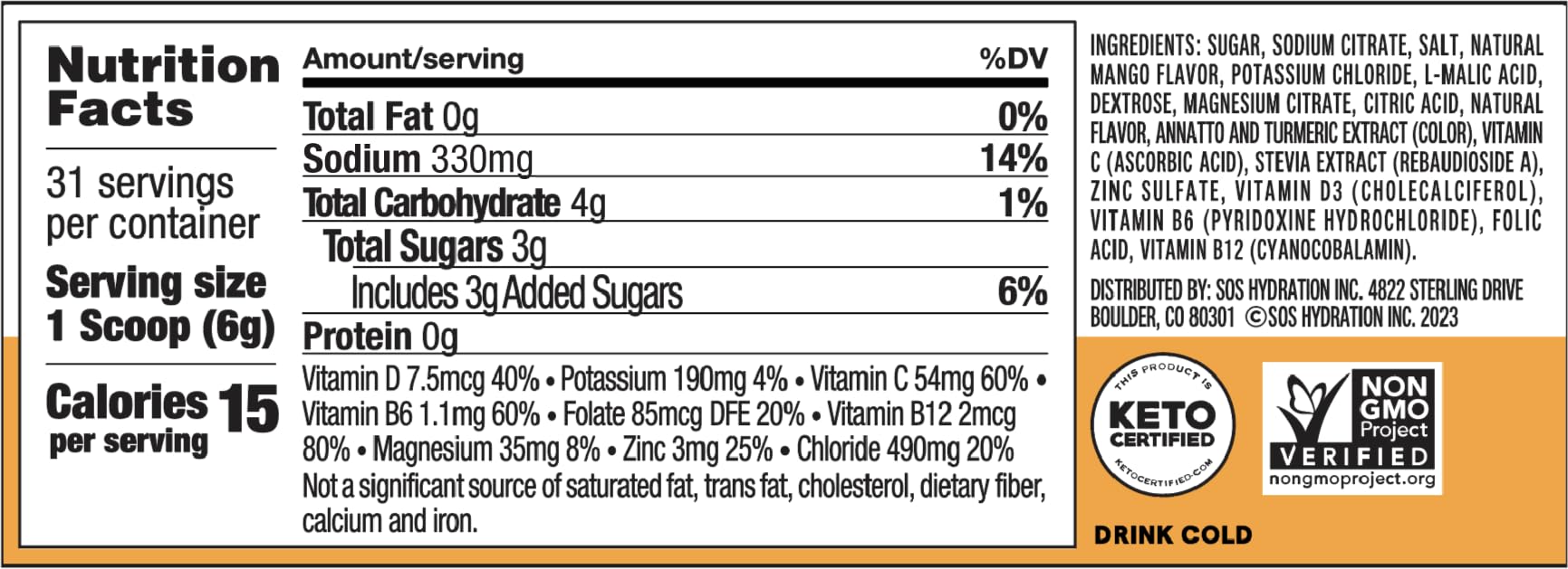 SOS Hydration mango powder serving for on-the-go hydration