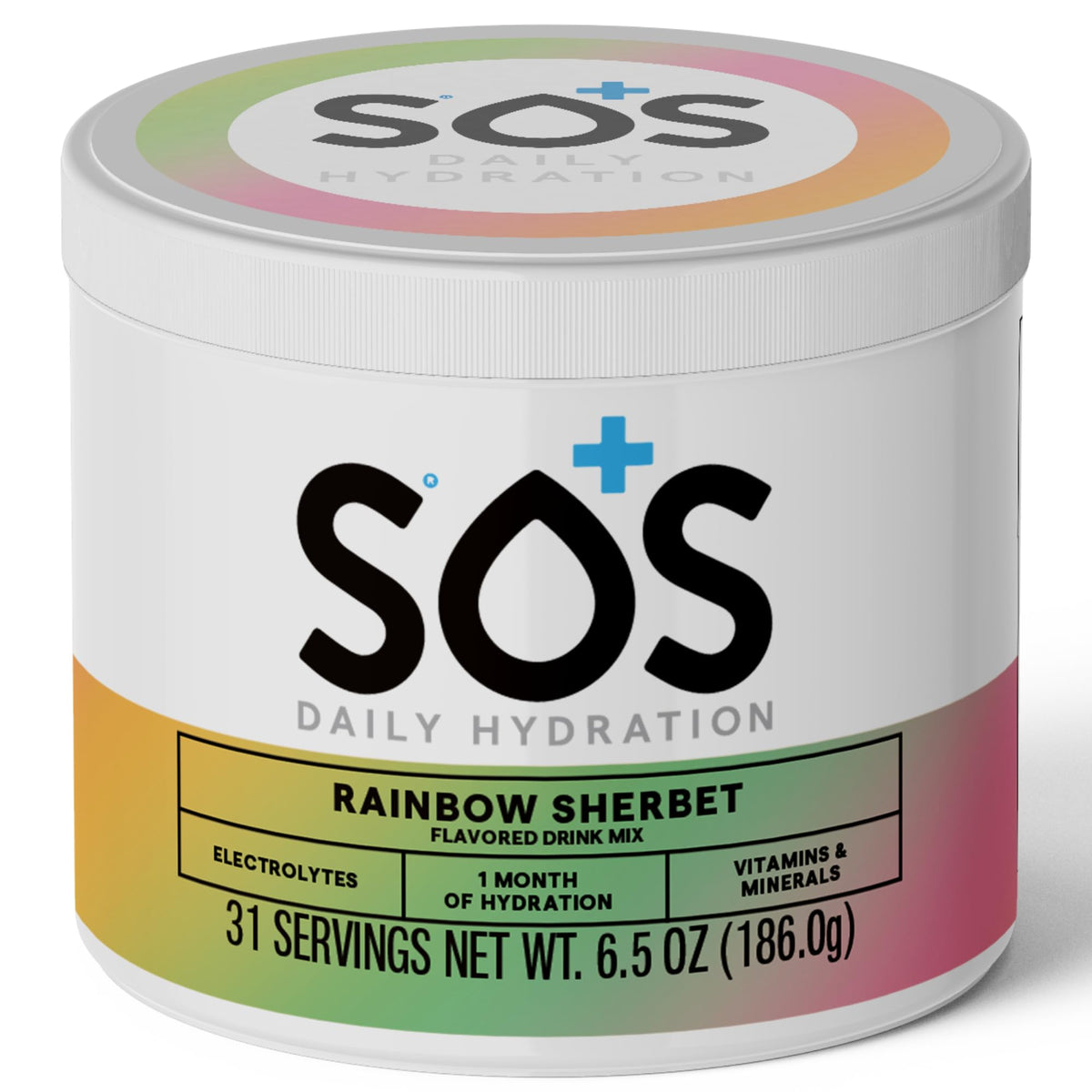SOS Hydration rainbow sherbet tub shown for quick, tasty rehydration.