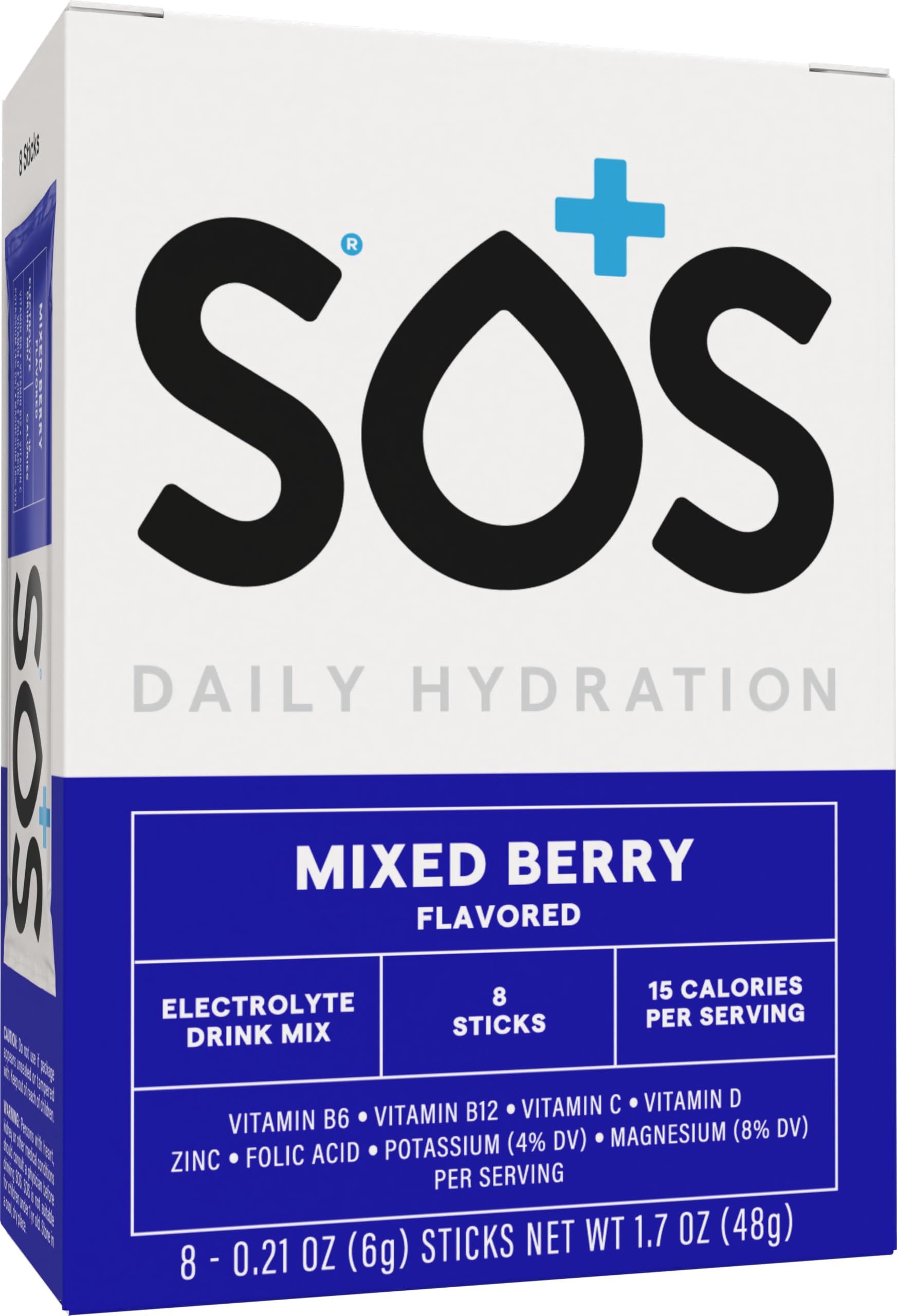 Sos Hydration stick packets for quick, mess-free hydration on the go.