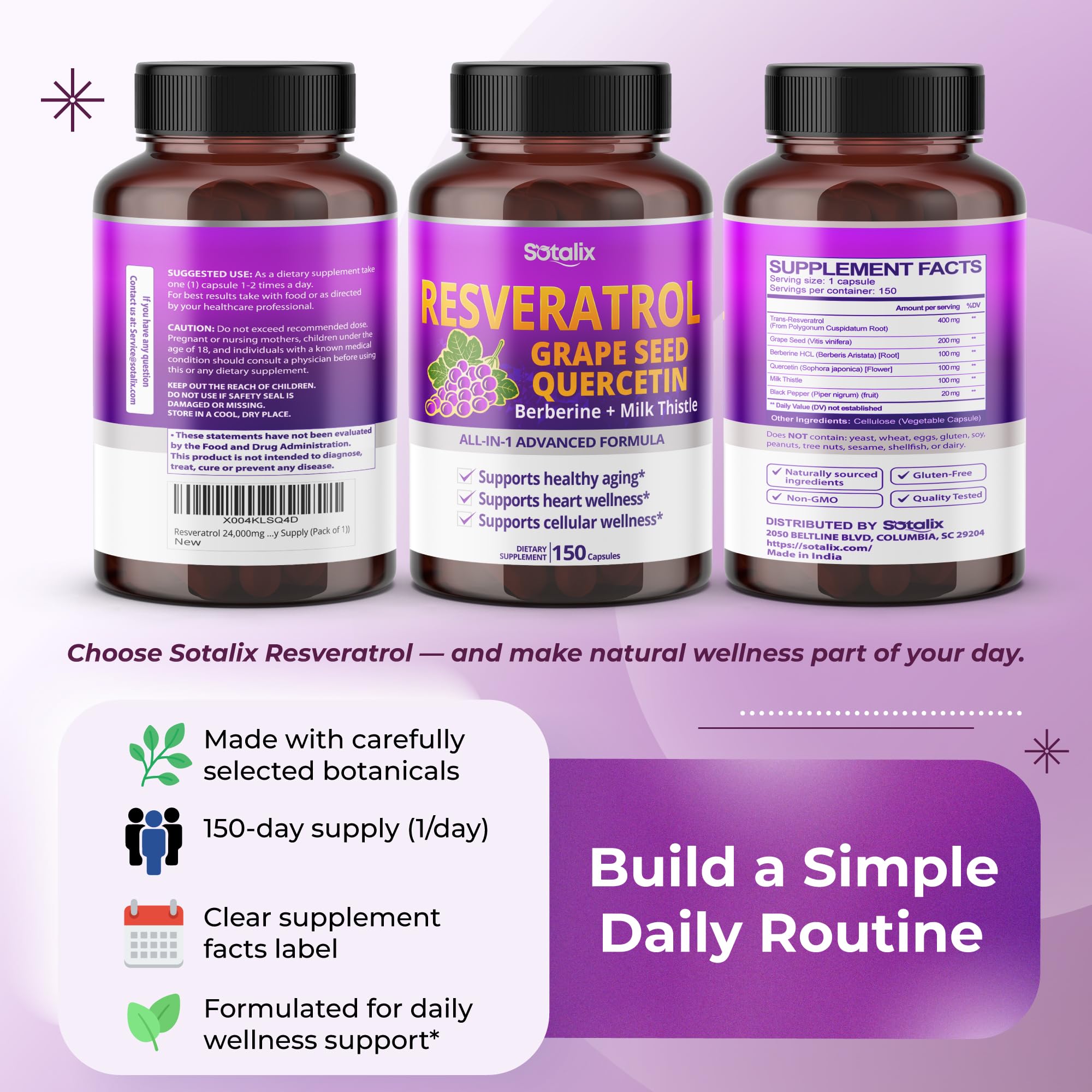 Sotalix Resveratrol packaging indicates a generous 150-capsule supply for a multi-month routine