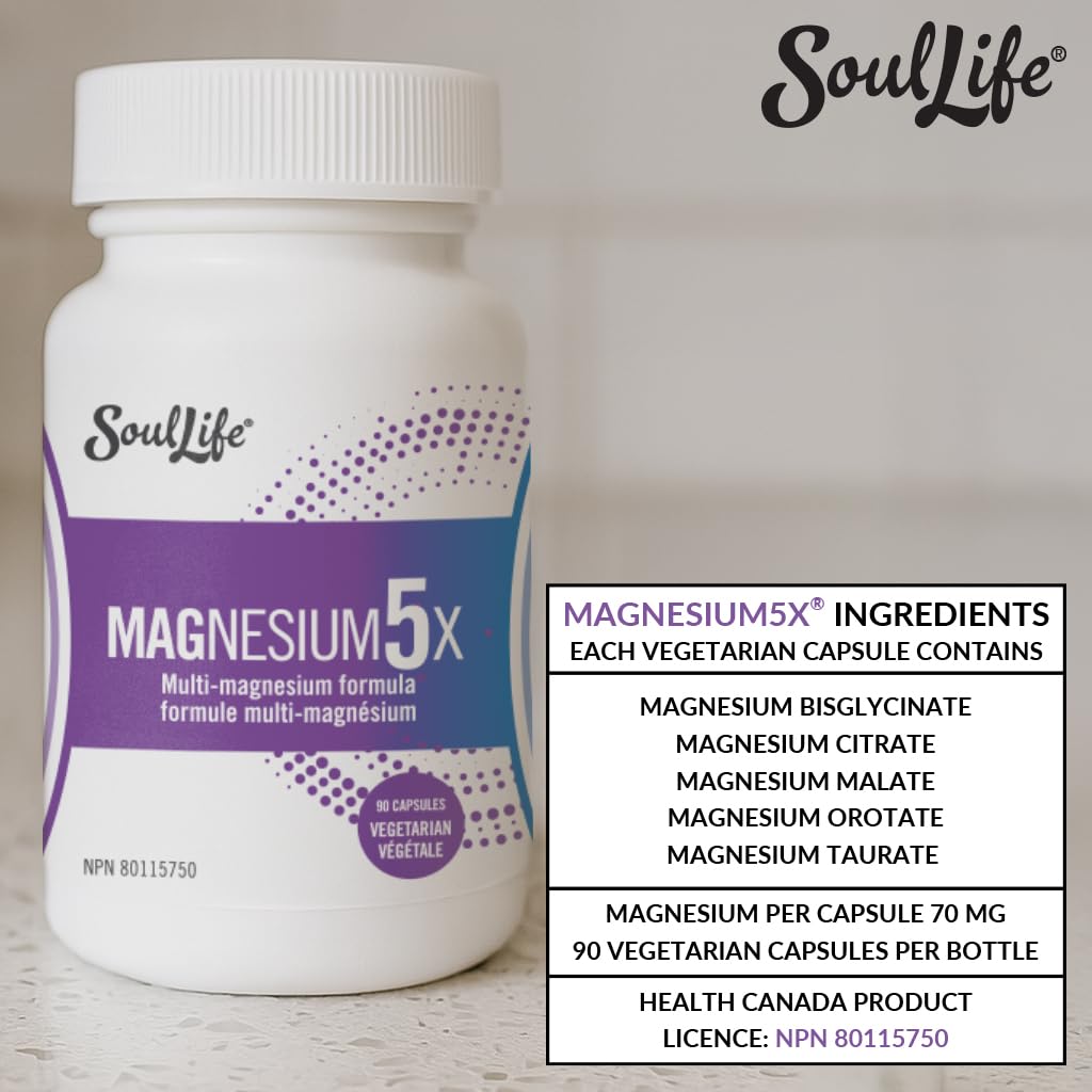 SoulLife Magnesium5X bottle demonstrates daytime use for energy metabolism and activity.
