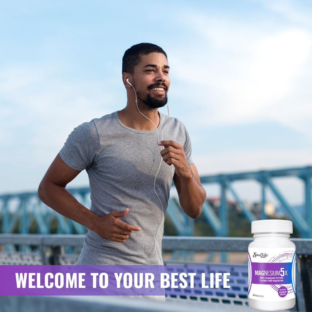 SoulLife Magnesium5X bottle at night conveys relaxation and wind-down benefits.